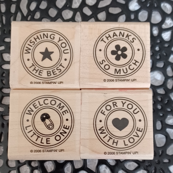 (4) 2006 STAMPIN' UP!  FROM "RIVETING" WOOD MOUNTED RUBBER STAMP SET RETIRED - Picture 1 of 4